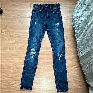 Express Blue Skinny Jeans with Distressed Details